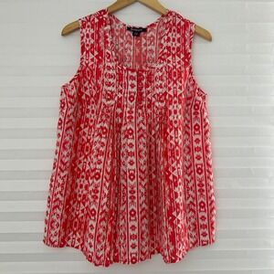 Roaman's Red White Geometric Tribal Print Sleeveless Pintuck Summer Blouse 14W